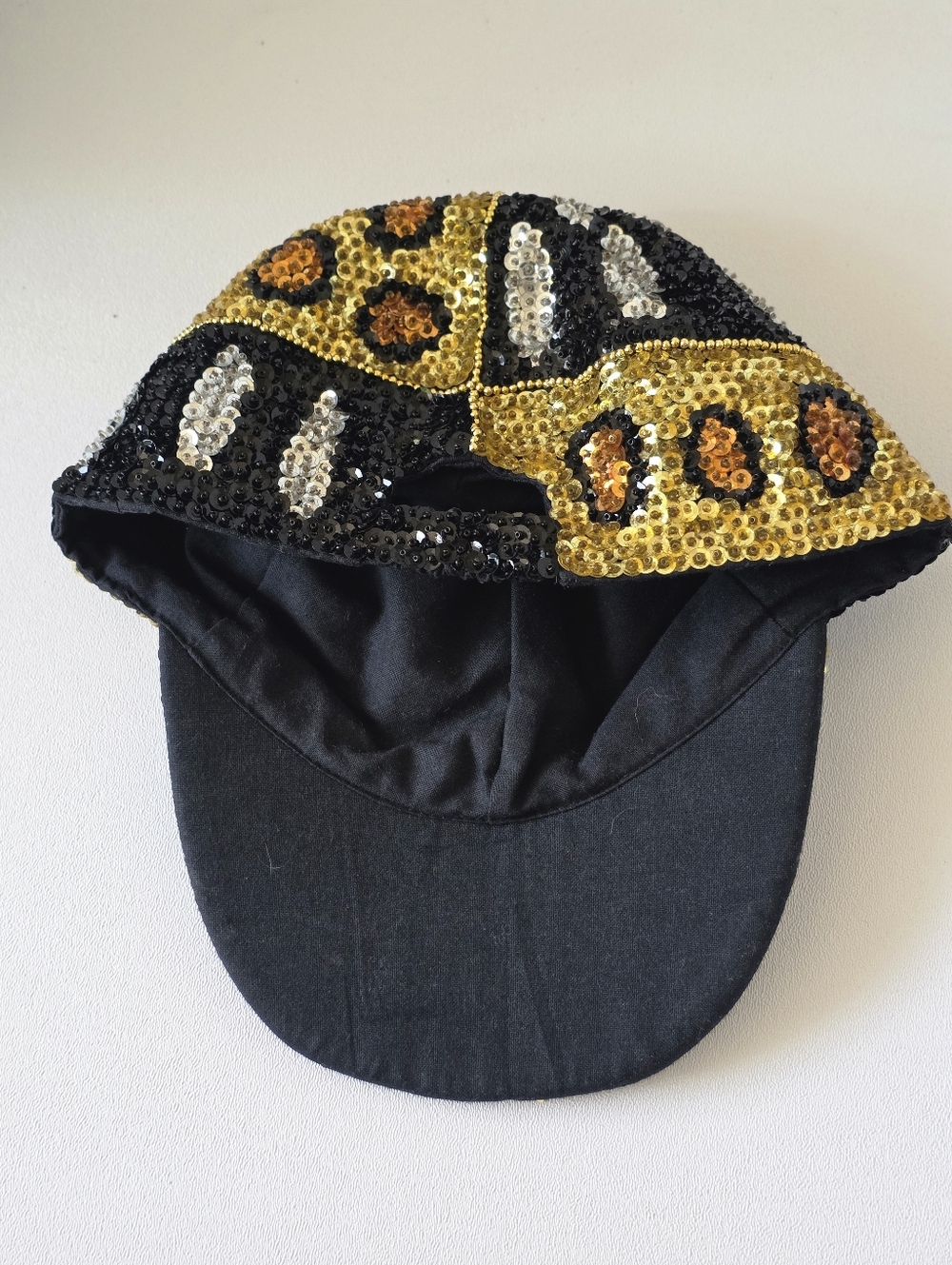 Y2K Sequin Leopard Print Hat Gold Black Mob Wife McBling Glam Statement Cap Vtg - Picture 7 of 16